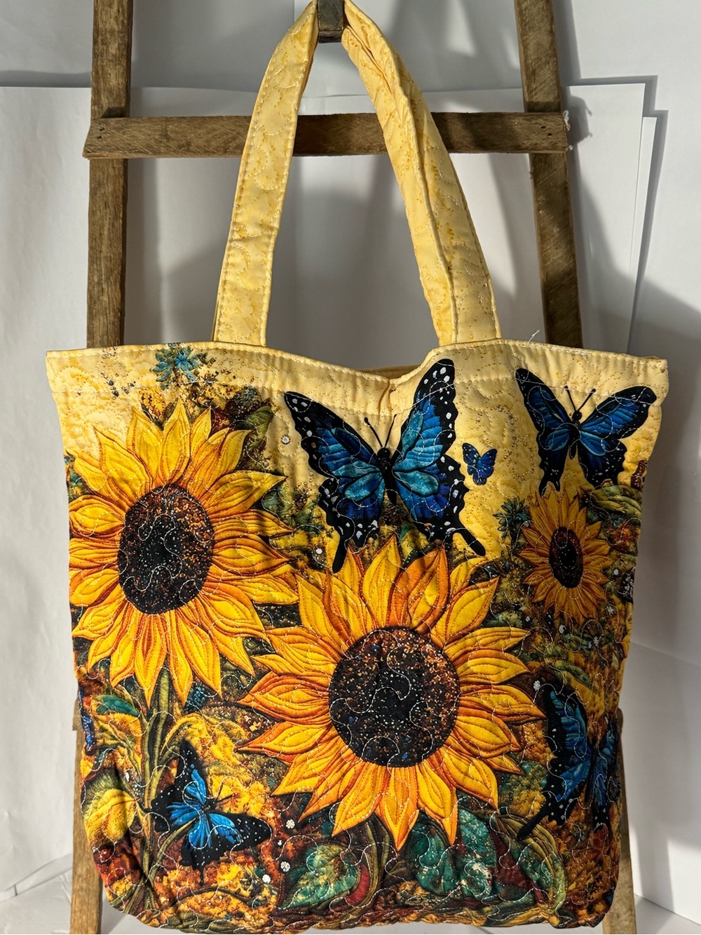 Quilted Sunflower & Blue Butterfly Tote Bag - Yellow NWT